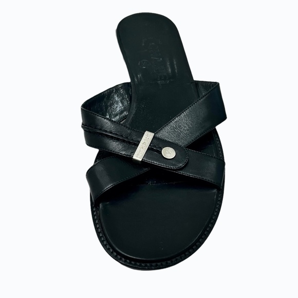 CHANEL BLACK LEATHER CRISS CROSS STRAP SANDAL WITH 1" BLOCK HEEL - Picture 4 of 16